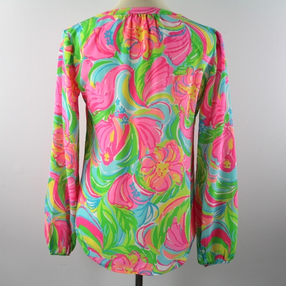 Lilly Pulitzer Silk Stacey Popover So A Peeling Monkey Elephant Pink Green Top S - Picture 5 of 7